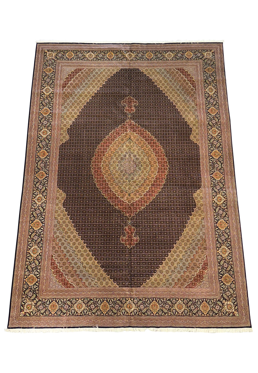 Full view of a 11'7 x 16'6 Persian Tabriz Mahi rug laid down, showcasing intricate patterns and rich colors