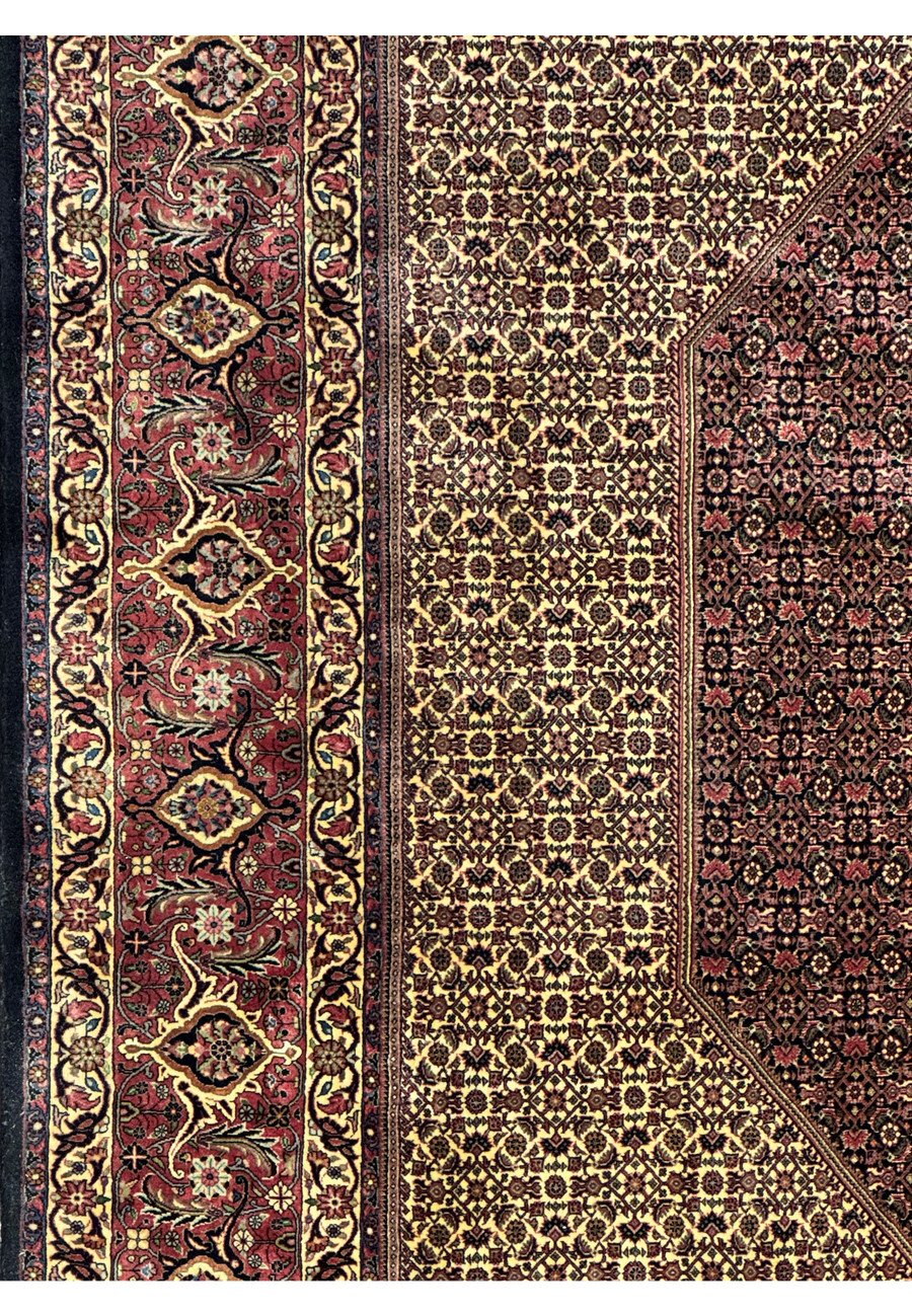 Detailed view of the border design on a 13x19'7 Persian Bijar Rug with floral motifs