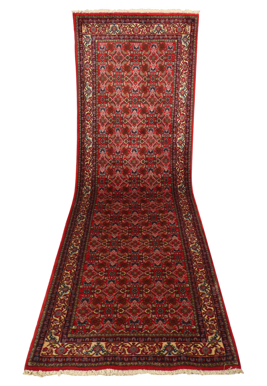 Full view of the Persian Bijar runner rug from a different angle, showing the complete design and rich color palette. The rug's traditional Persian patterns and high-quality wool construction are highlighted.