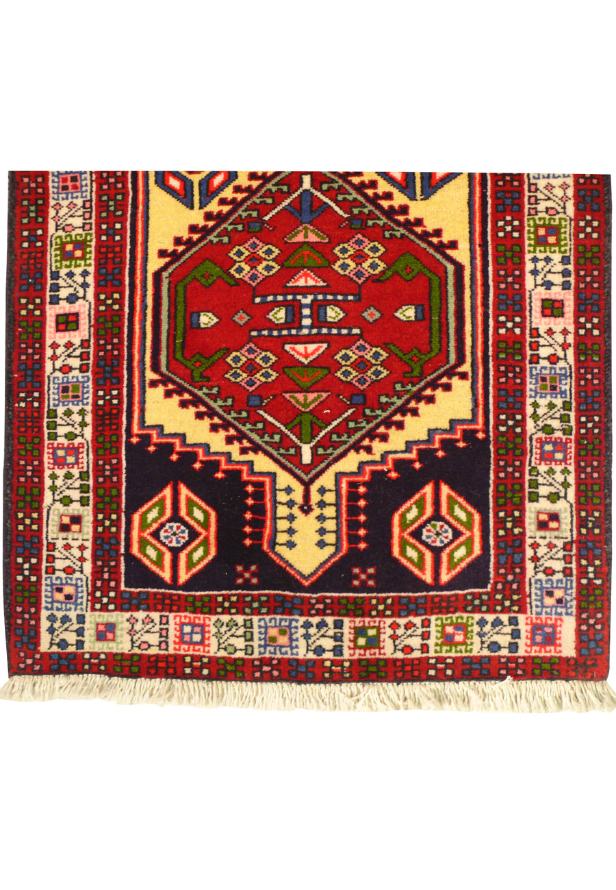 Bottom section of 2'7 x 9'6 Persian Yalameh Runner Rug - Showing fringe and border details