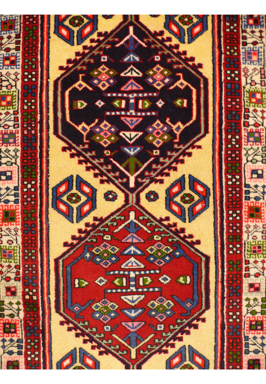 Close-up of 2'7 x 9'6 Persian Yalameh Runner Rug - Detailed view of central medallion and border design
