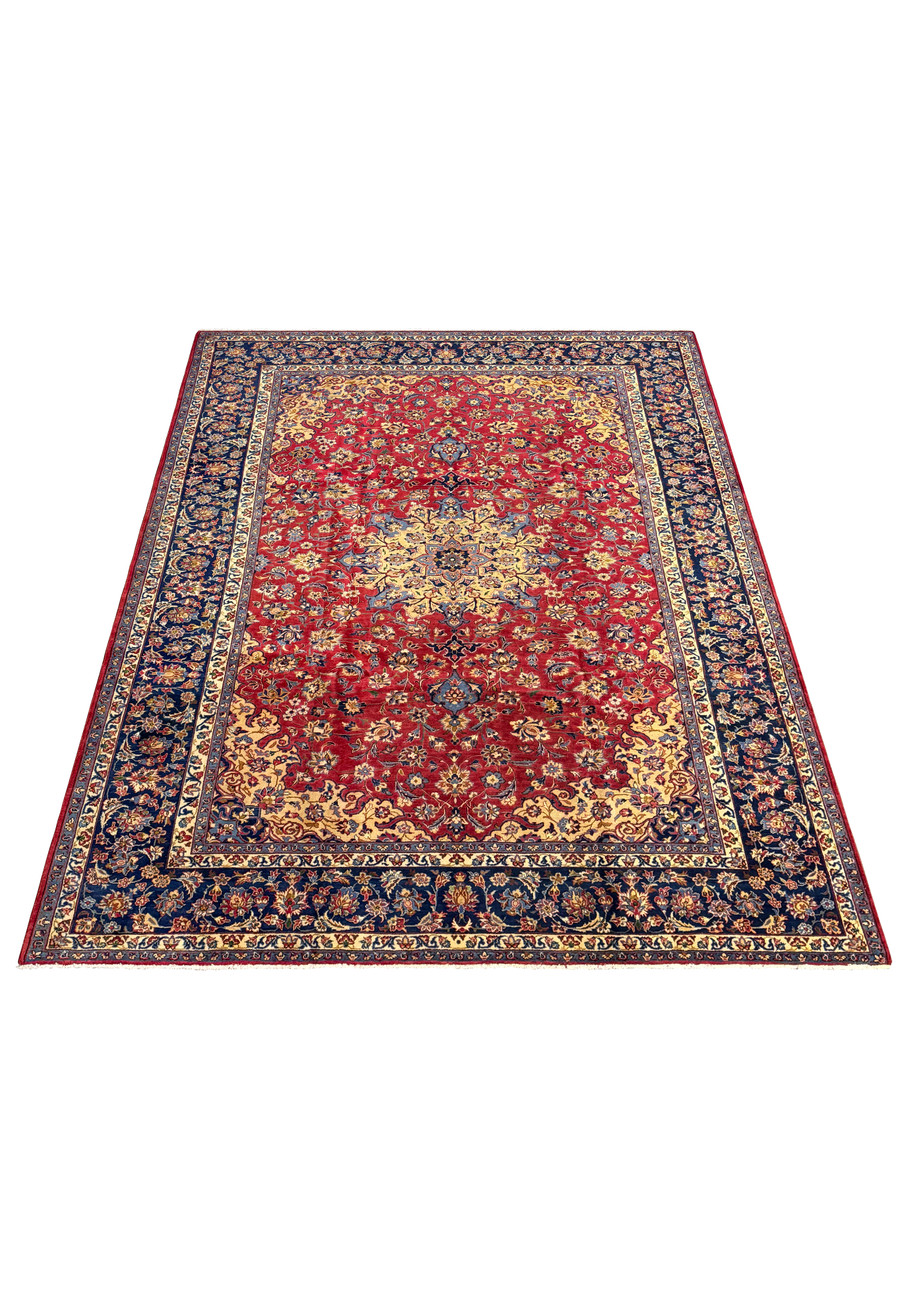 Angle view of 10'2 x 13'6 Persian Isfahan Rug highlighting detailed patterns and rich colors.