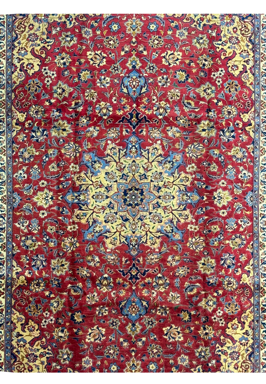 Side view of 10'2 x 13'6 Persian Isfahan Rug illustrating border designs and color contrast.