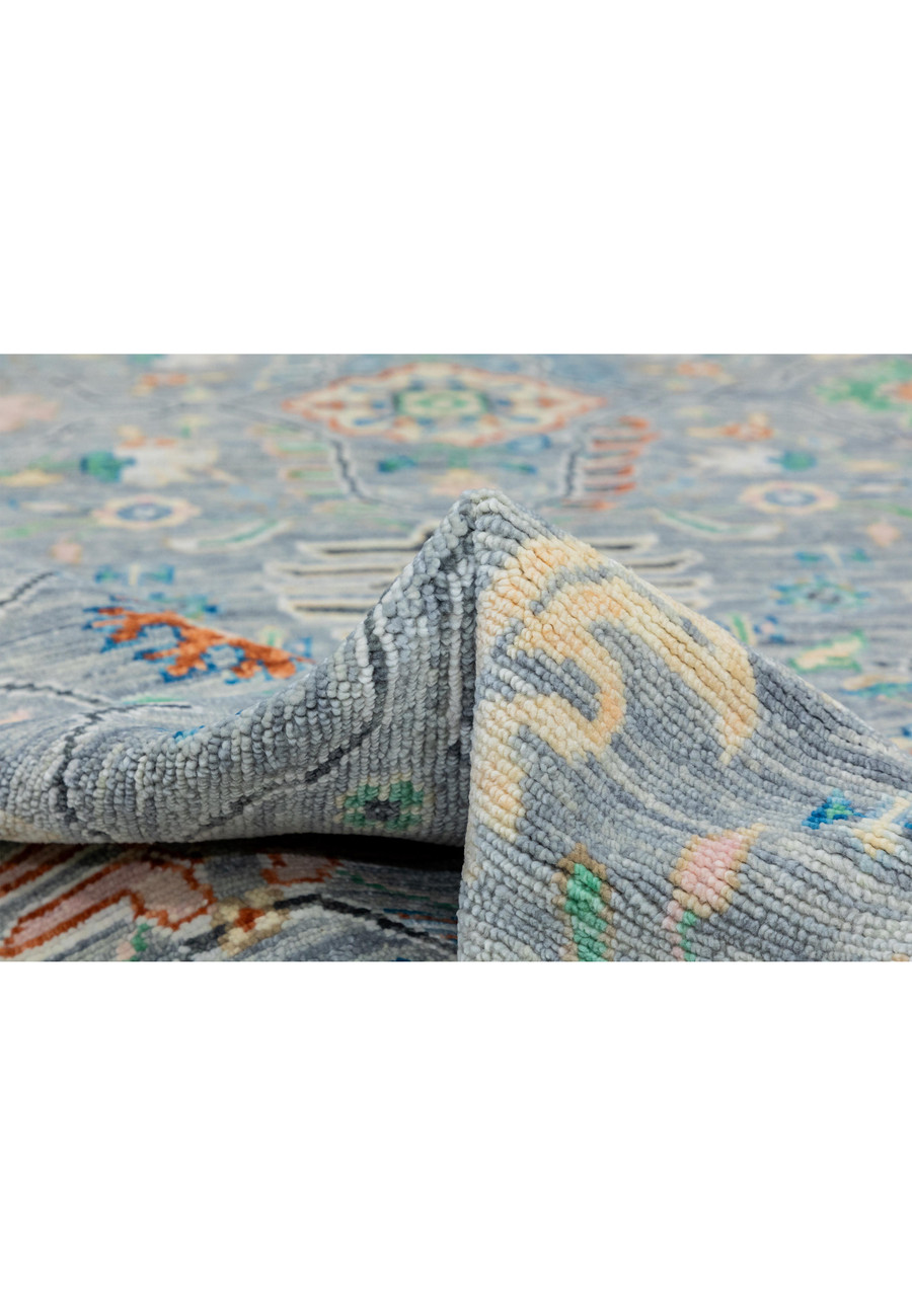 Close-up of central motif on 12' x 15' Designer Gray Oushak Handmade Rug