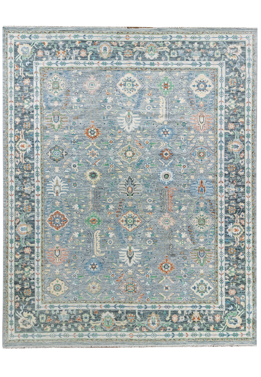 Full view of 12' x 15' Designer Gray Oushak Handmade Rug with intricate motifs