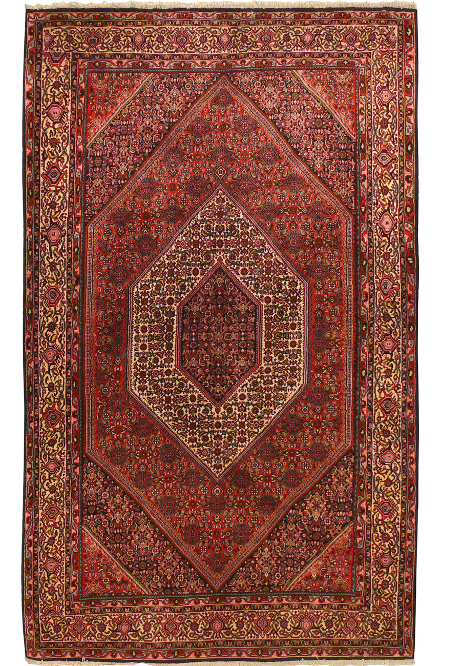 Hexagonal medallion in red ivory and navy on an unusual 5 by 8 foot Bijar format