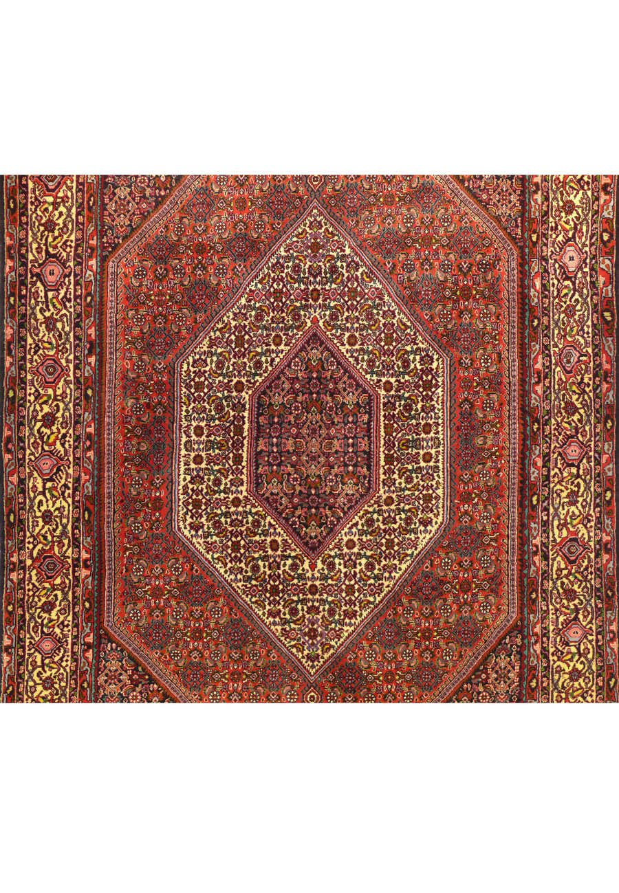 Detailed view of a 5 x 8'8 Persian Bijar Rug showcasing the intricate central medallion and vibrant floral patterns.