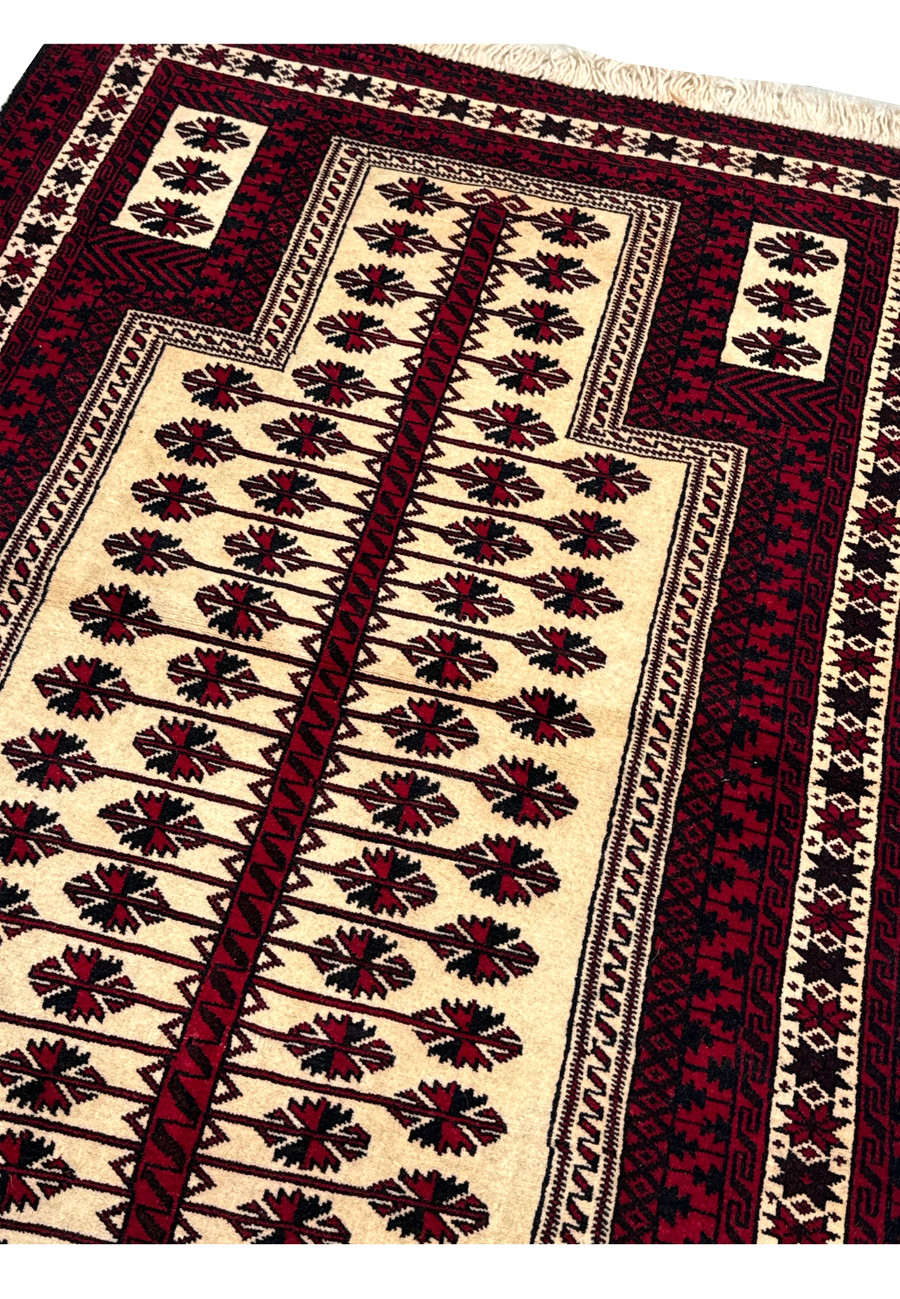 Detailed border and fringe of a 3'6 x 5'4 Persian Baluch Rug.