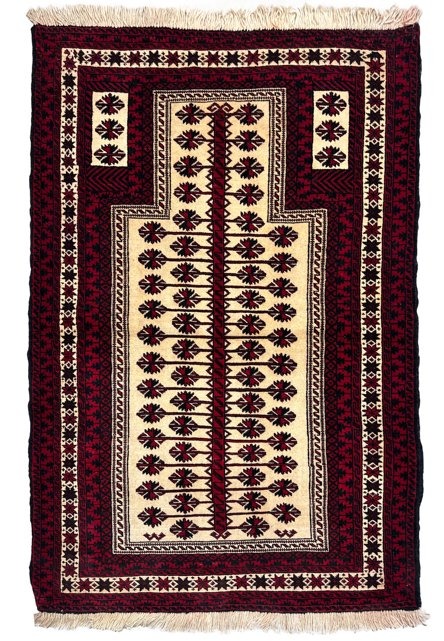 Top view of a 3'6 x 5'4 Persian Baluch Rug with intricate geometric patterns