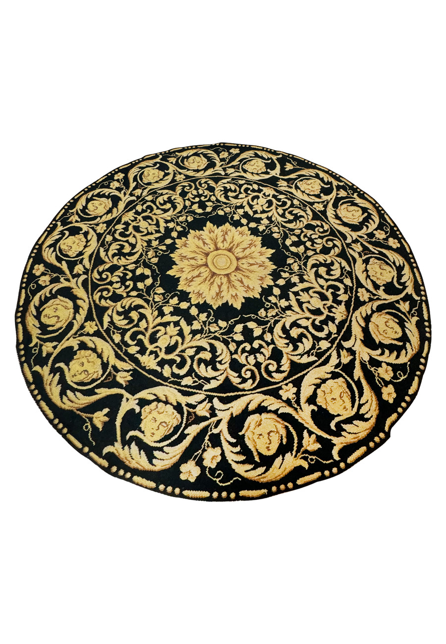 Elegant Black and Gold Versace Pattern Round Rug - Side View