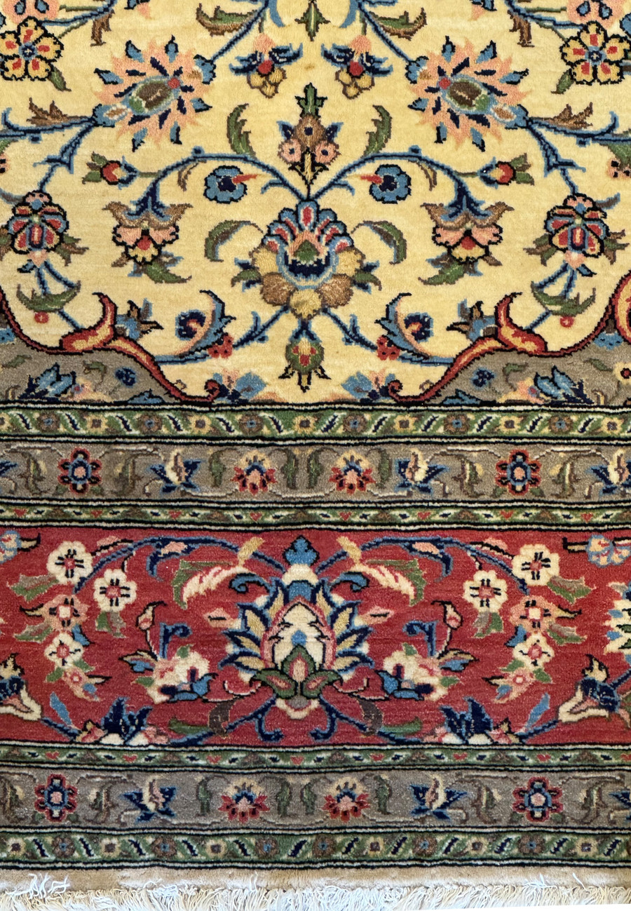 Close-up of lower border on 8'2 x 10'7 Persian Qum Kork & Silk Rug displaying floral motifs