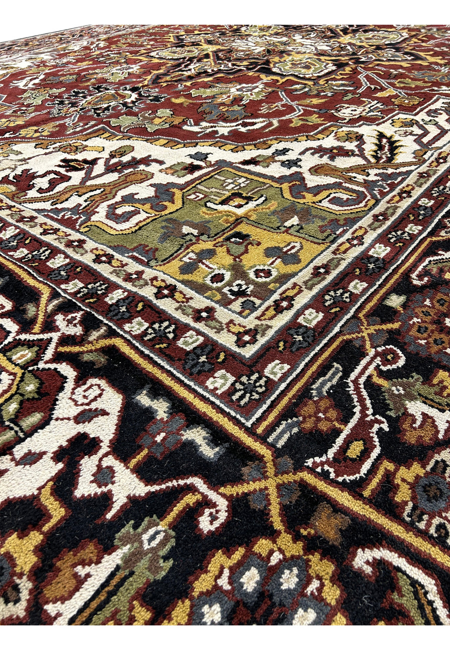 Angled view of the 12 x 16 Oriental Heriz Rug showing the thickness and texture of the hand-knotted wool.