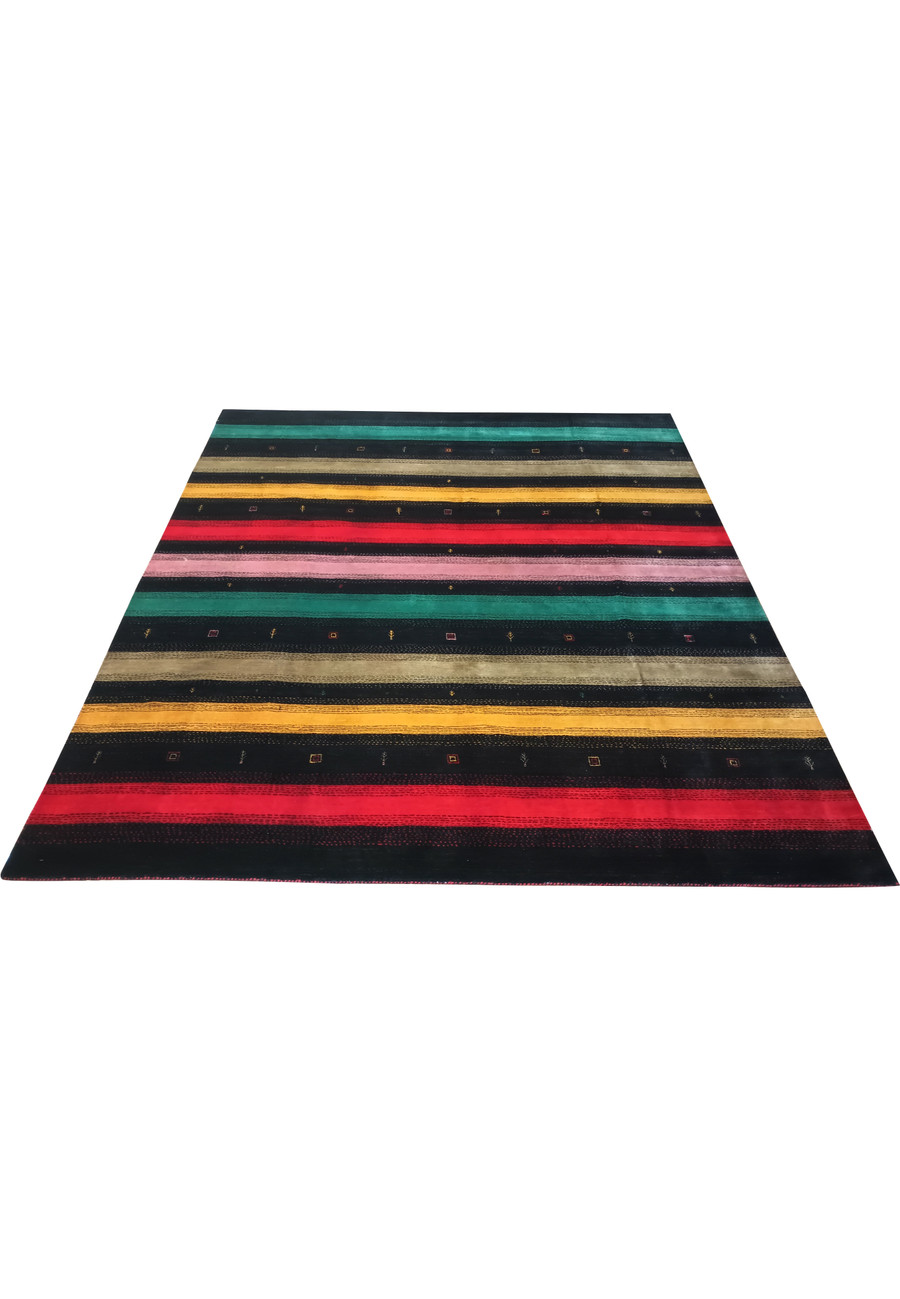 Laid flat 8 x 10 Modern Gabbeh Rug with multi colored stripes.