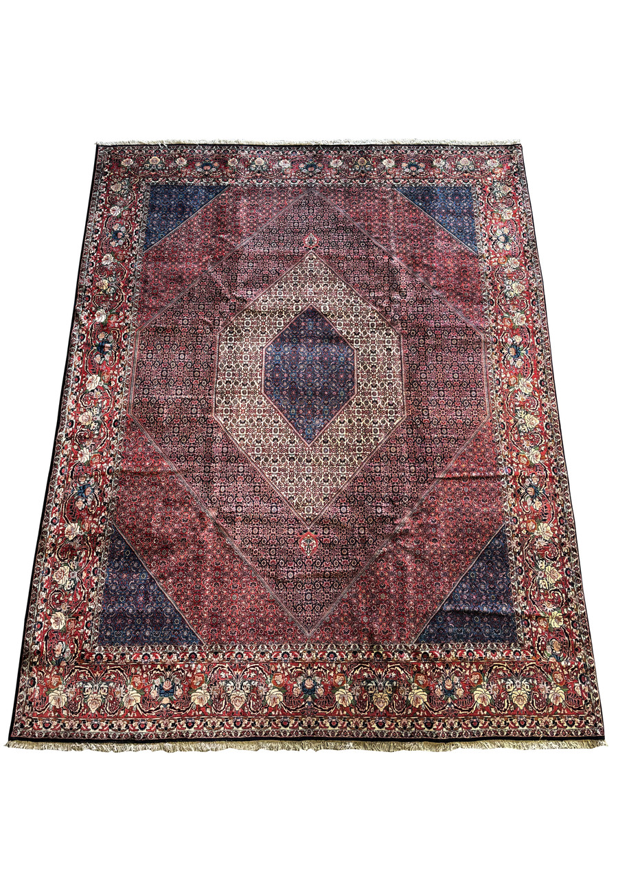 Full display of 10 x 13 Persian Bijar rug's rich colors and traditional designs.