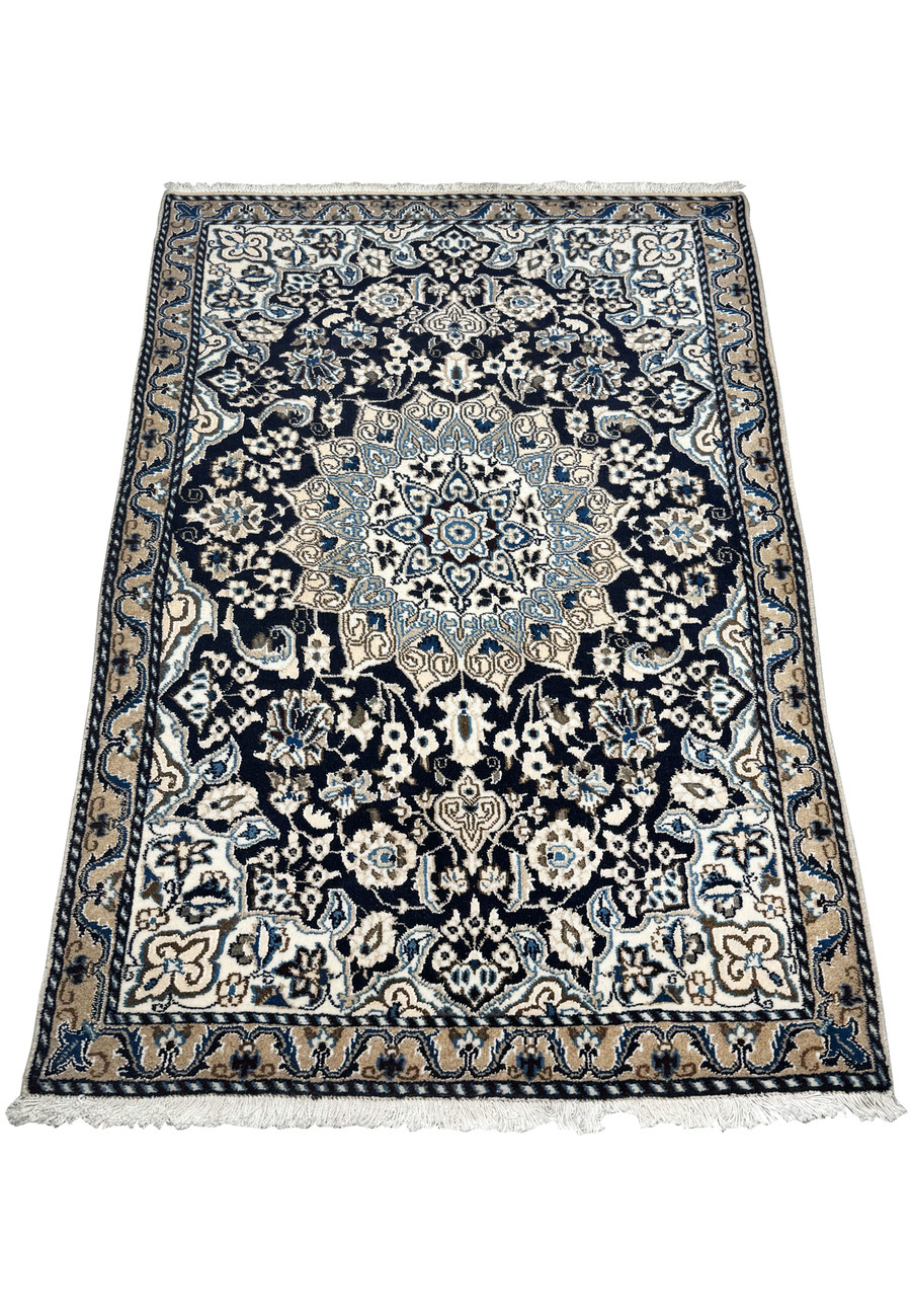 Laid flat view of 3'1 x 5 Persian Nain Rug with floral patterns and medallion.