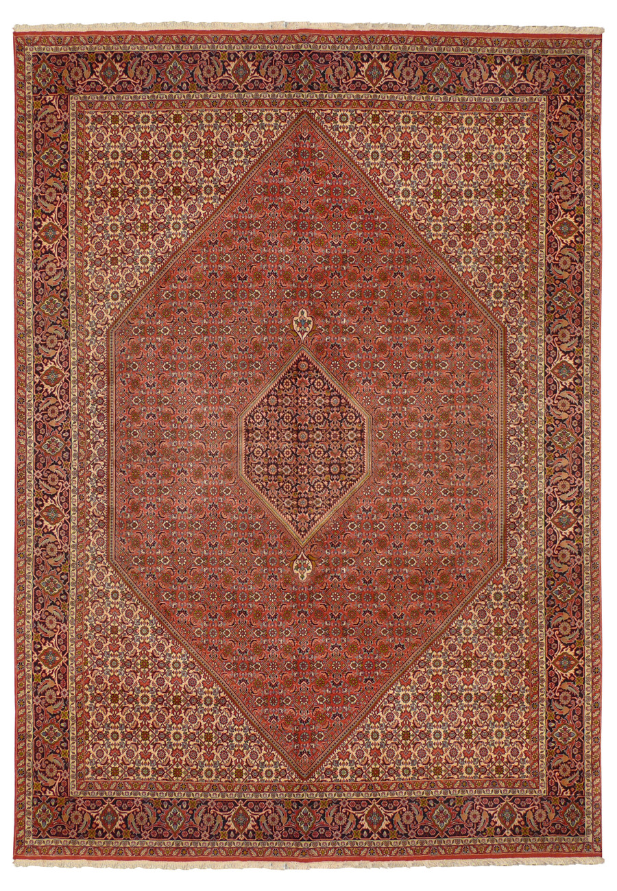Full view of a handwoven 8 x 11 Persian Bijar Rug, featuring a large hexagonal medallion and intricate patterns.