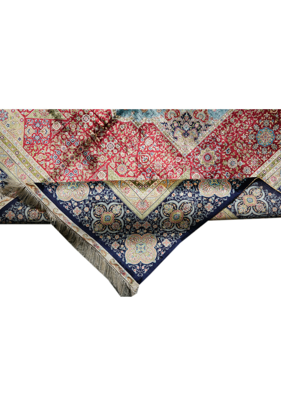 Folded oriental silk rug, vintage 6x9 size, pure silk with medallion and border design.