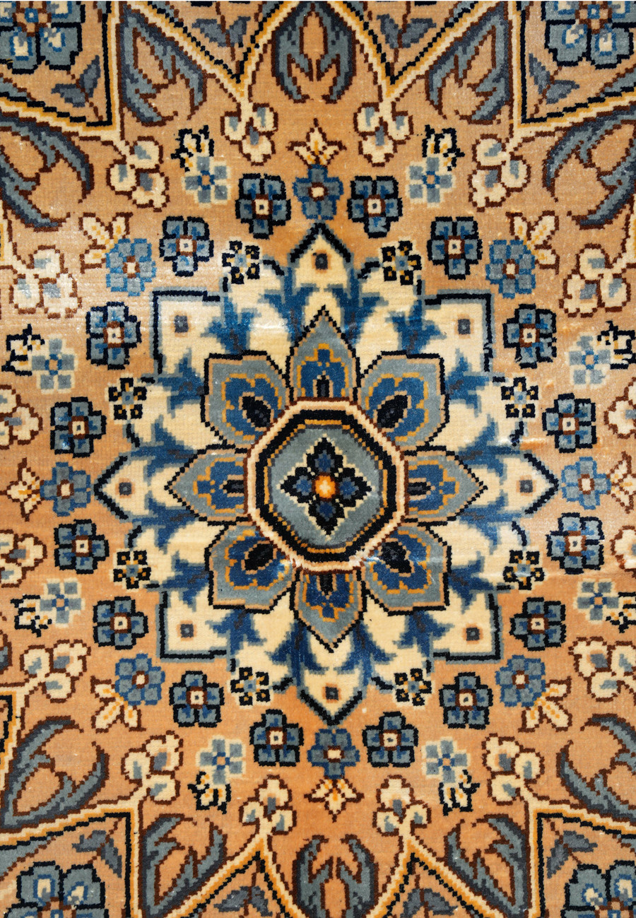 Detailed starburst medallion design on hand-knotted Chinese silk rug, signed collectible