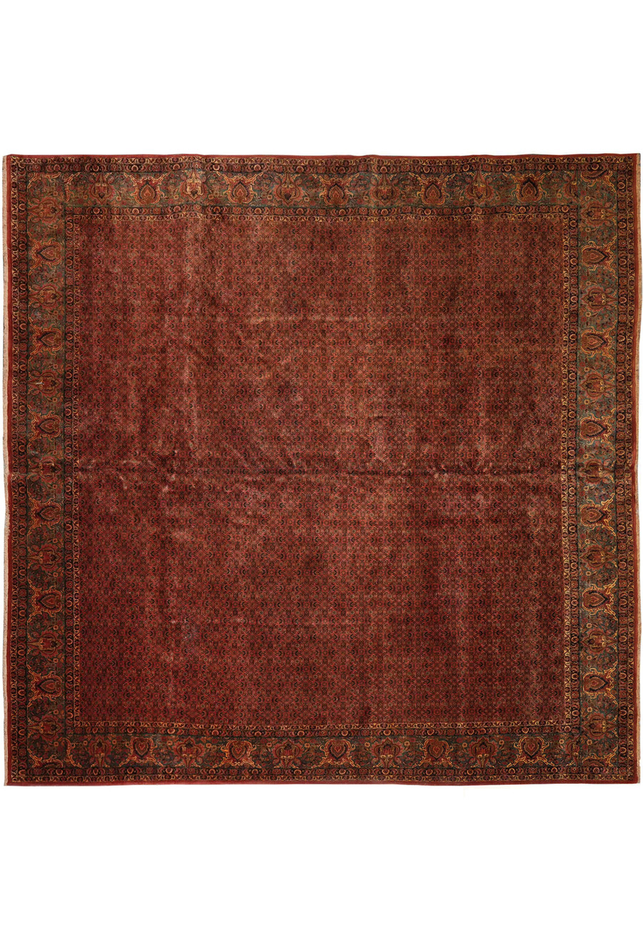 Antique 13x13 square Bijar Persian rug with rust red field and floral lattice design