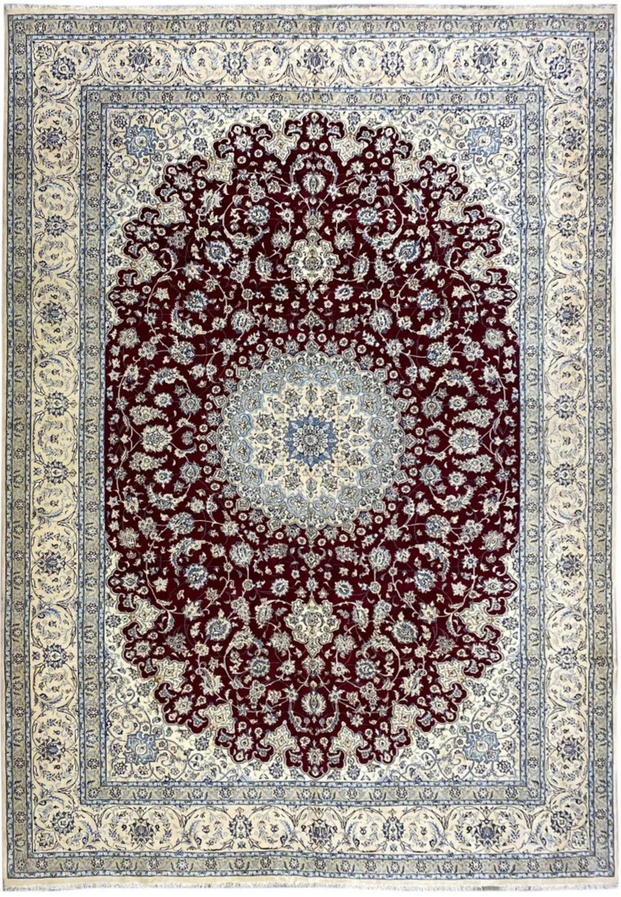 Rare palace size red Persian Nain 9La wool and silk rug with ivory medallion and borders