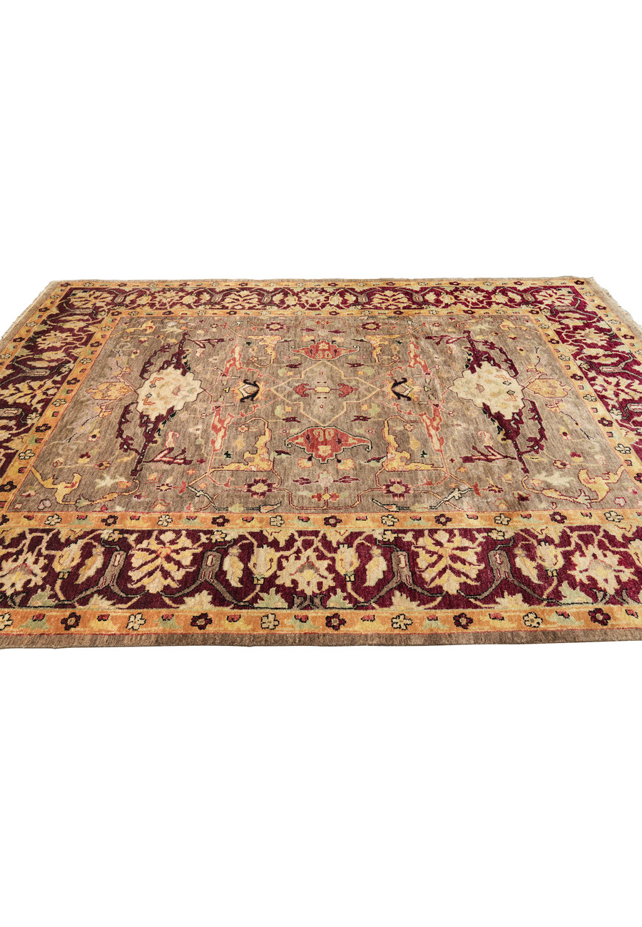 Wide shot of Afghan Handmade Chobi Peshawar Rug in earthy taupe and golden border design