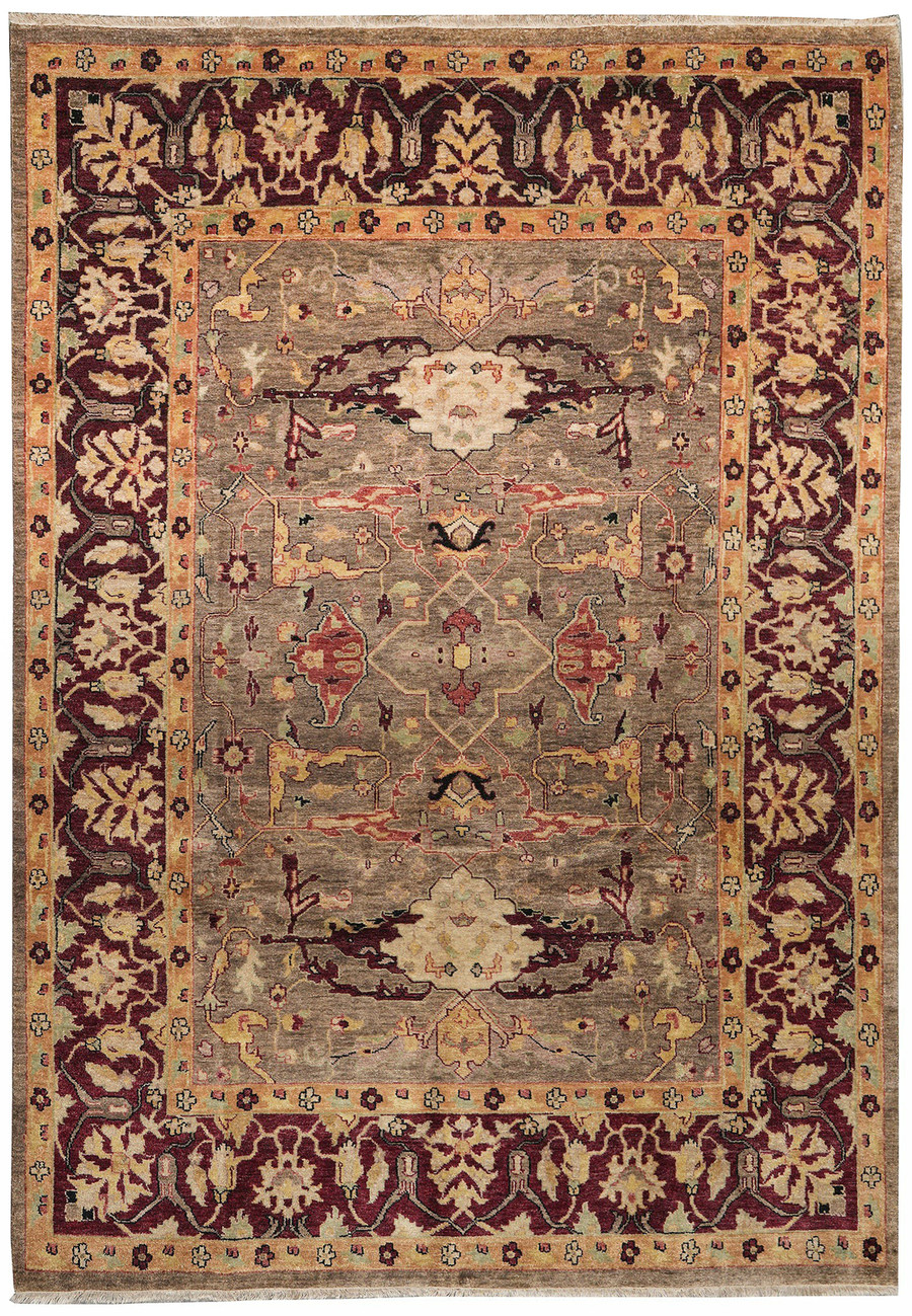 Full overhead view of Afghan Chobi Peshawar Rug 8'4 x 10 with taupe, beige, and burgundy colors