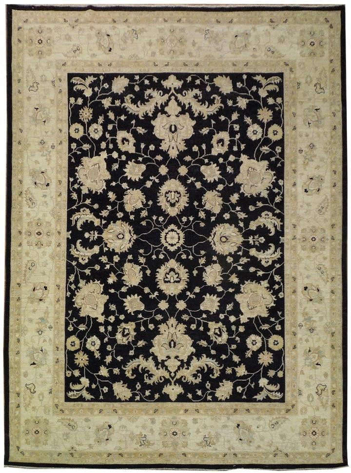 9 x12 Black-Ivory Peshawar Rug All-Over Design