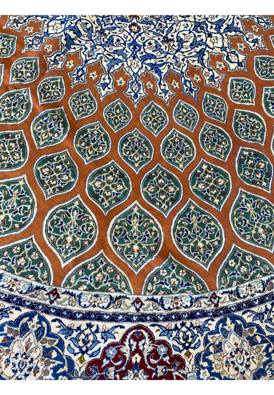 Detailed pattern view of the Persian Nain 6La rug revealing its intricate lattice of Shah Abbasi motifs, delicate arabesques, and fine color transitions between rust, green, and ivory hues.