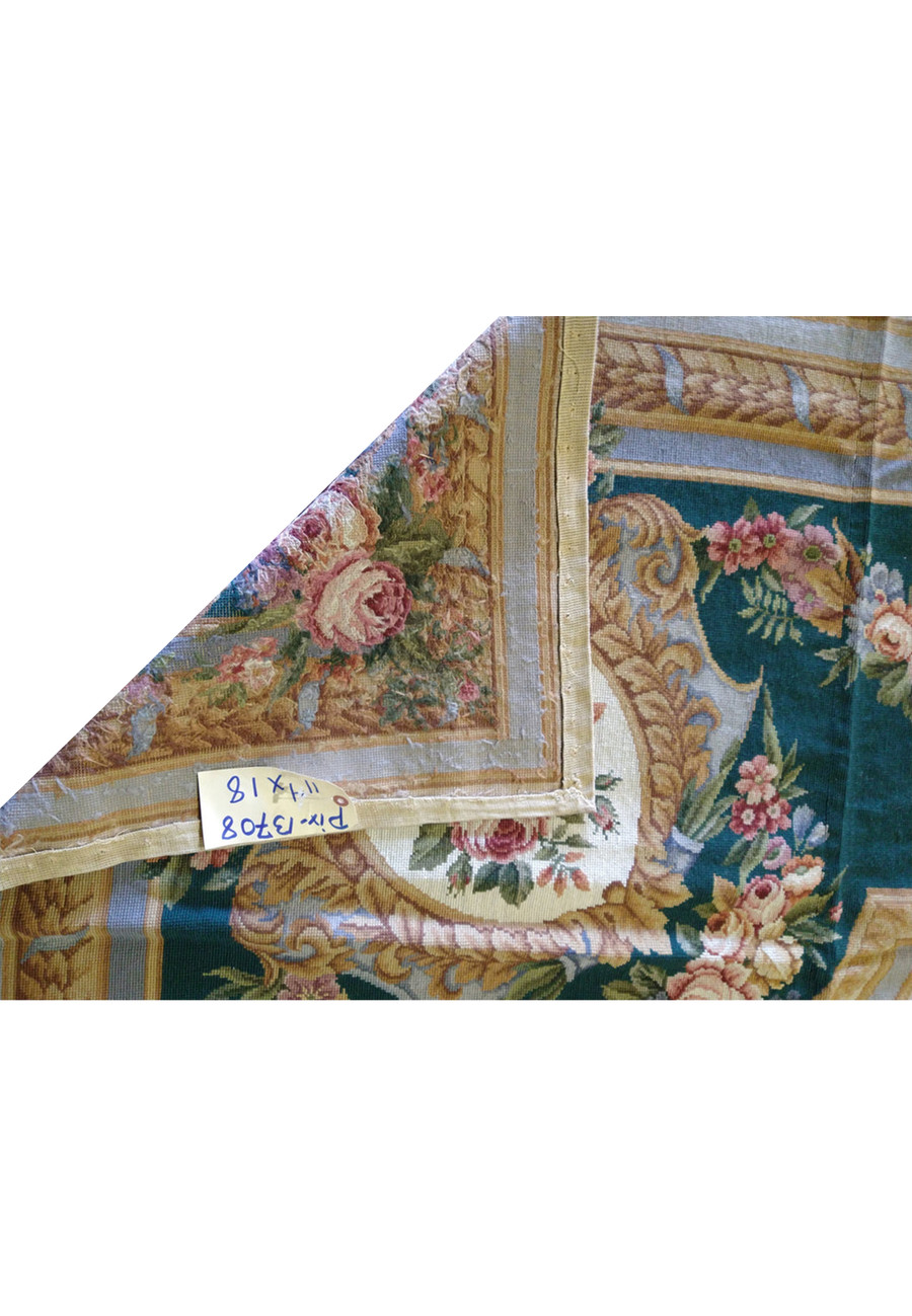 Backside view of French Aubusson rug showing flatwoven tapestry structure, fine needlepoint-style detailing, and consistent weave density.