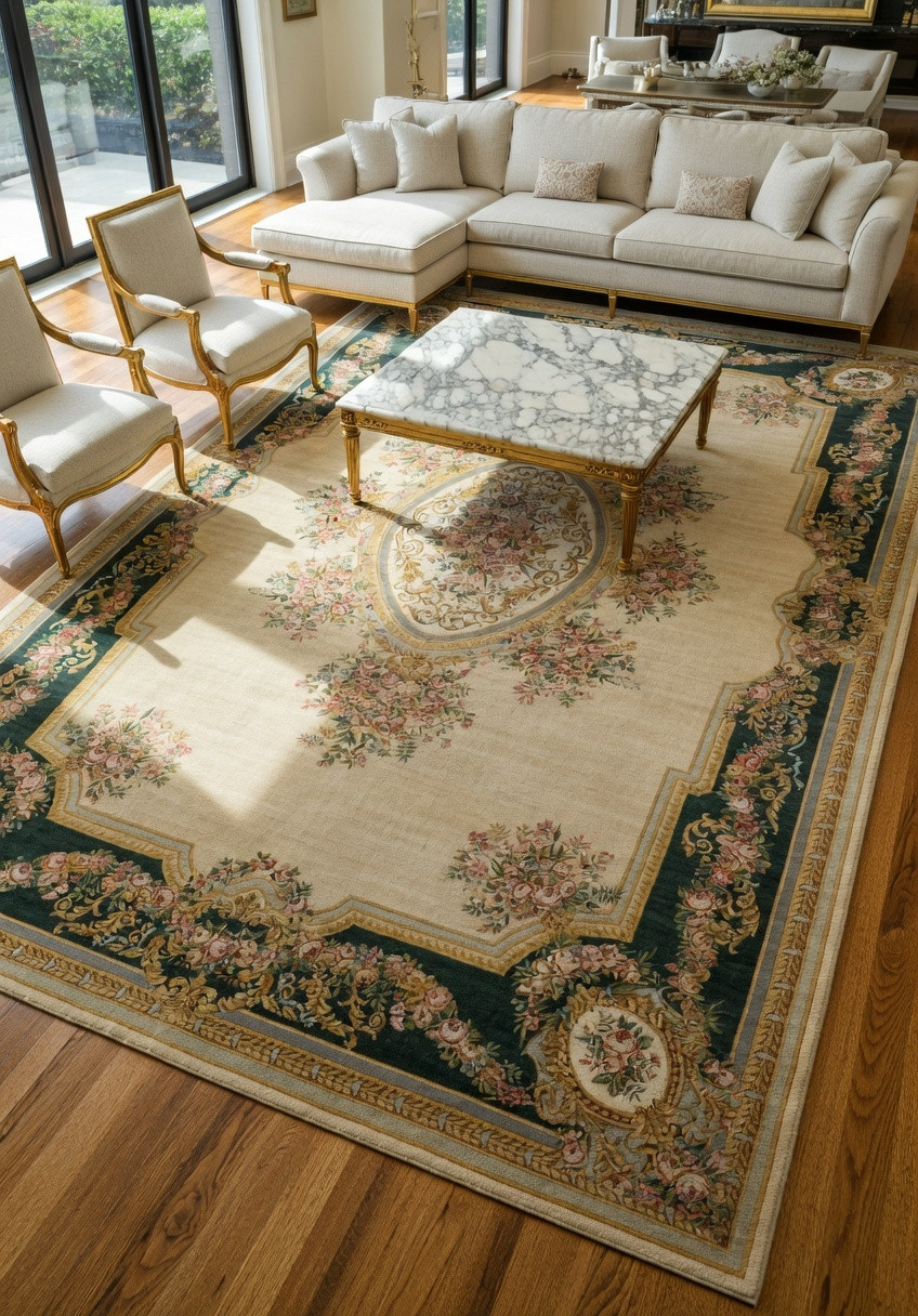 Full view of an 11'4 x 18 French Aubusson rug