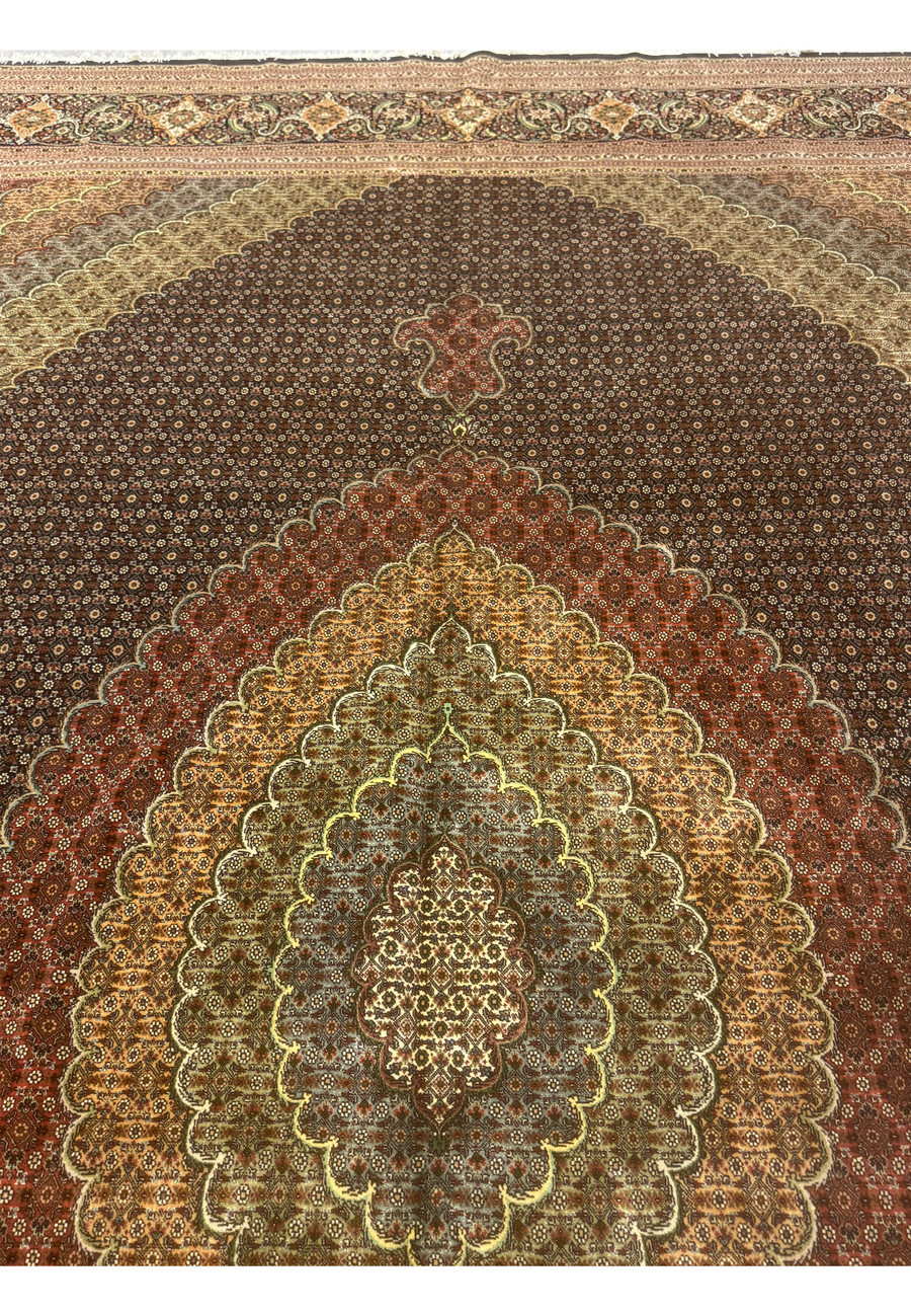 Upper section of an 11.5 x 16.5 Persian Tabriz Mahi 50 Raj rug showing intricate field design, tightly packed motifs, refined color balance, and traditional Tabriz craftsmanship