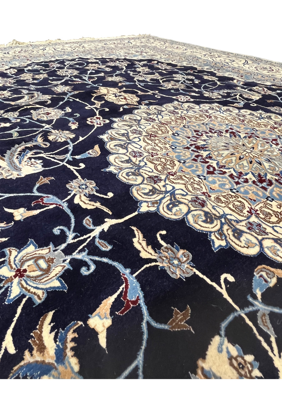 Back foundation view of a Persian Nain 6 LA rug showing even knot alignment, cotton warp, silk highlights, and high-density hand-knotted construction