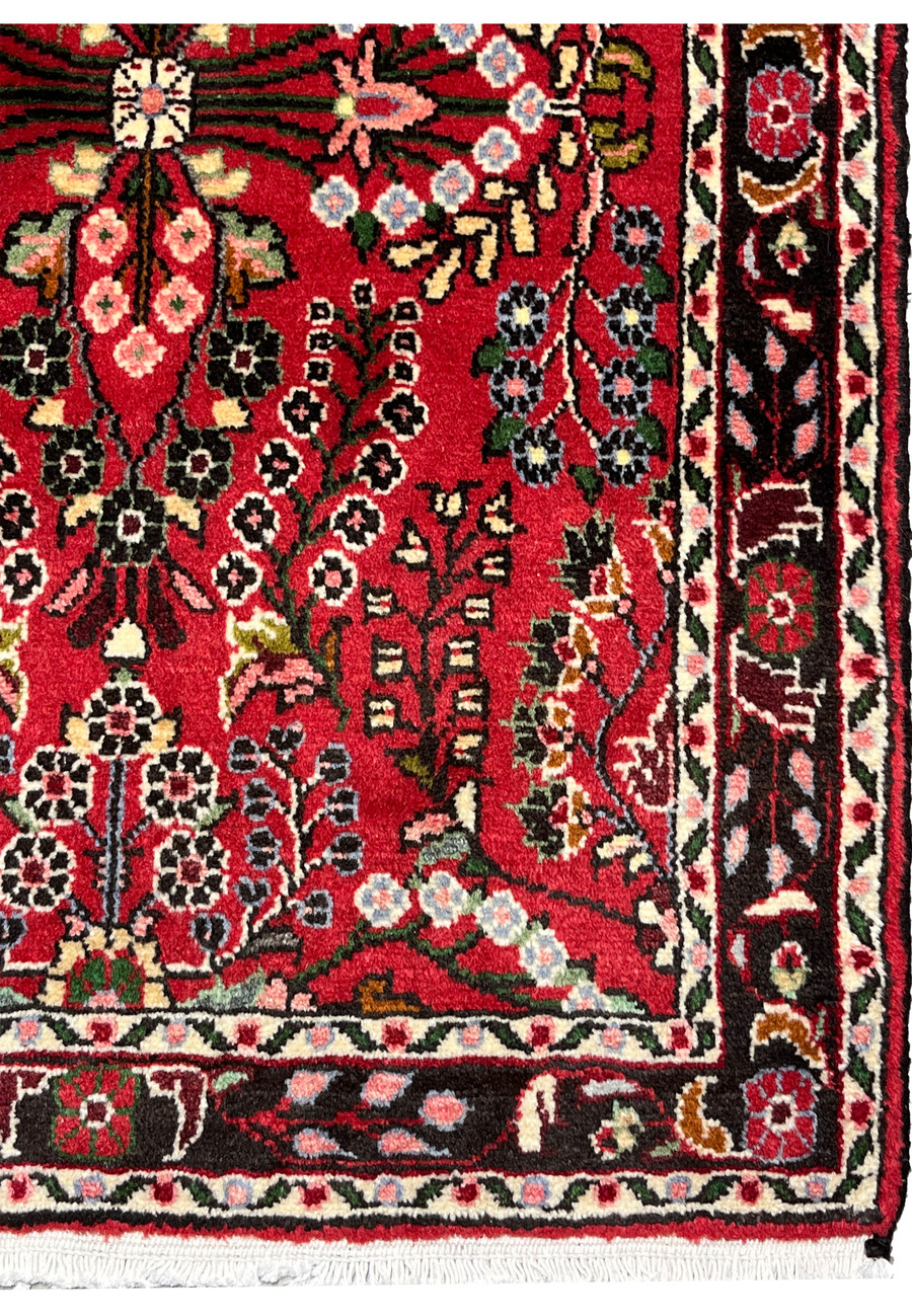 Border close-up of a Persian Darjazin rug displaying layered floral patterns, crisp outlines, traditional village spacing, and saturated natural dye colors