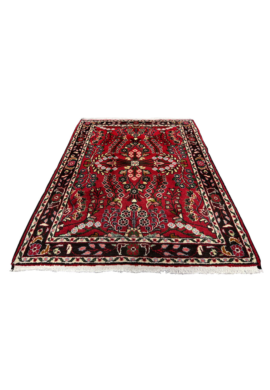 Full laid-down view of a 2'5 x 4 Persian Darjazin rug with a rich crimson red field, symmetrical floral medallion, dense wool pile, and balanced tribal composition