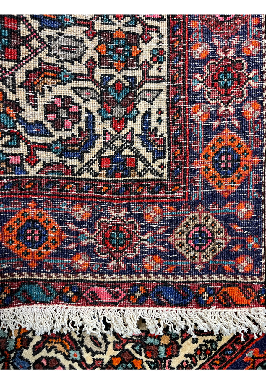 Back view of a 3'4 x 4'9 Persian Gholtogh rug showing tight hand-knotted foundation, visible wool knots, and fine weave density