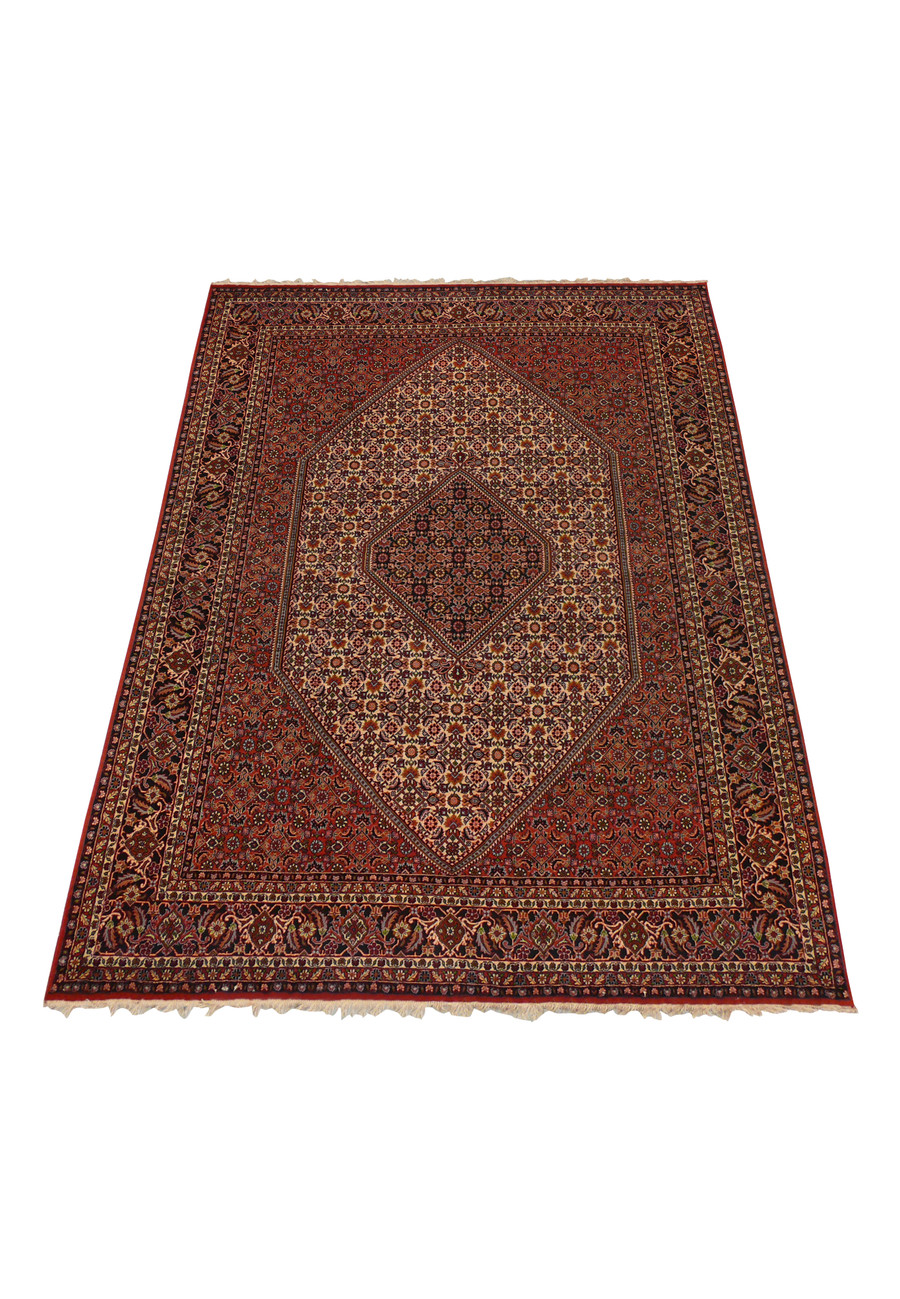 Laid flat view of a 6'5 x 10 Persian Bijar rug highlighting its symmetrical medallion layout, compact weave, strong borders, and classic Kurdish design
