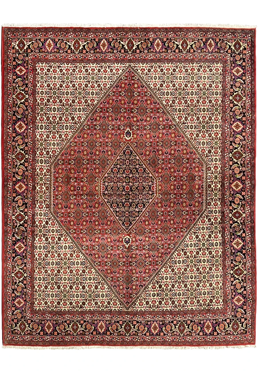 Ivory field 8 x 10 Persian Bijar with deep red diamond medallion and dense motifs