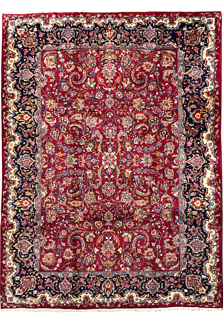 8 x 11 Persian Mashad Signed Makhmal Baf Rug full view ,  rich warm tones, signed by master weaver, ships free to Alaska