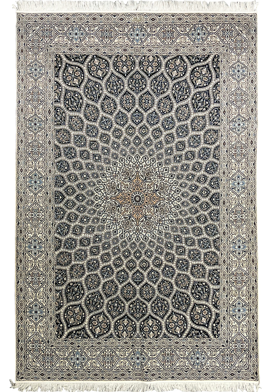 6'9 x 10 Persian Nain Habibian 6 LA Kork and Silk Gombadi Rug ivory field with navy dome medallion, handmade in Persia ships free to Hawaii from Rugs.net in Freeport New York