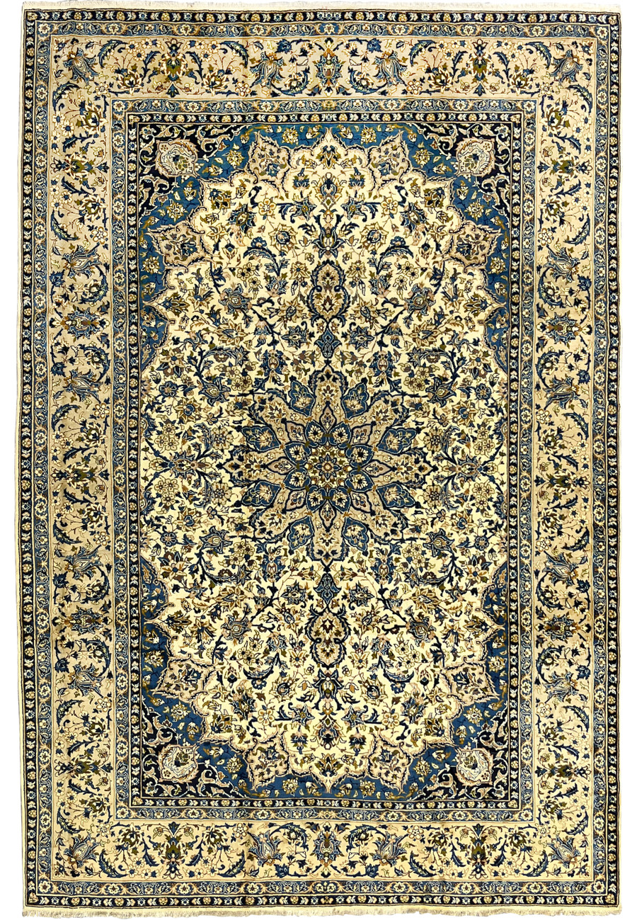 10'2 x 14'3 Persian Kashan rug full view with ivory field navy floral border and intricate central medallion handmade wool carpet from Persia