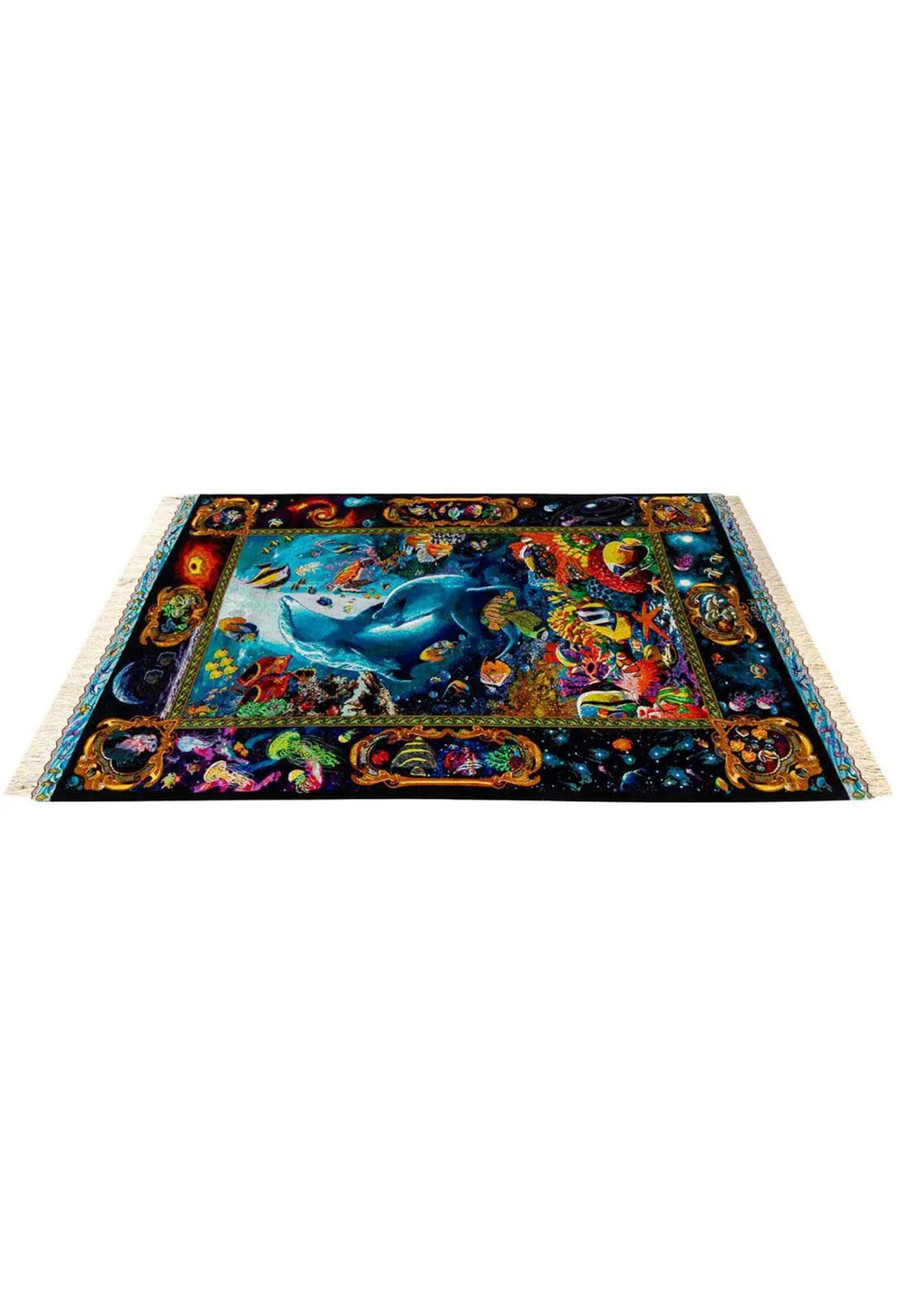 Top view Persian Qum 100% silk pictorial rug with dolphins coral reef galaxy panels and deep navy background