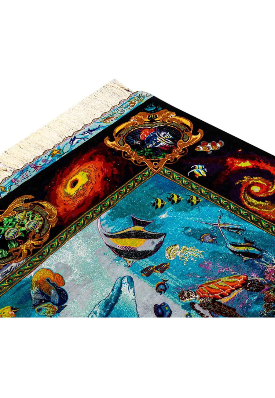 Close up edge detail of Qum silk dolphin rug showing silk fringe tight knotting and aqua marine guard border