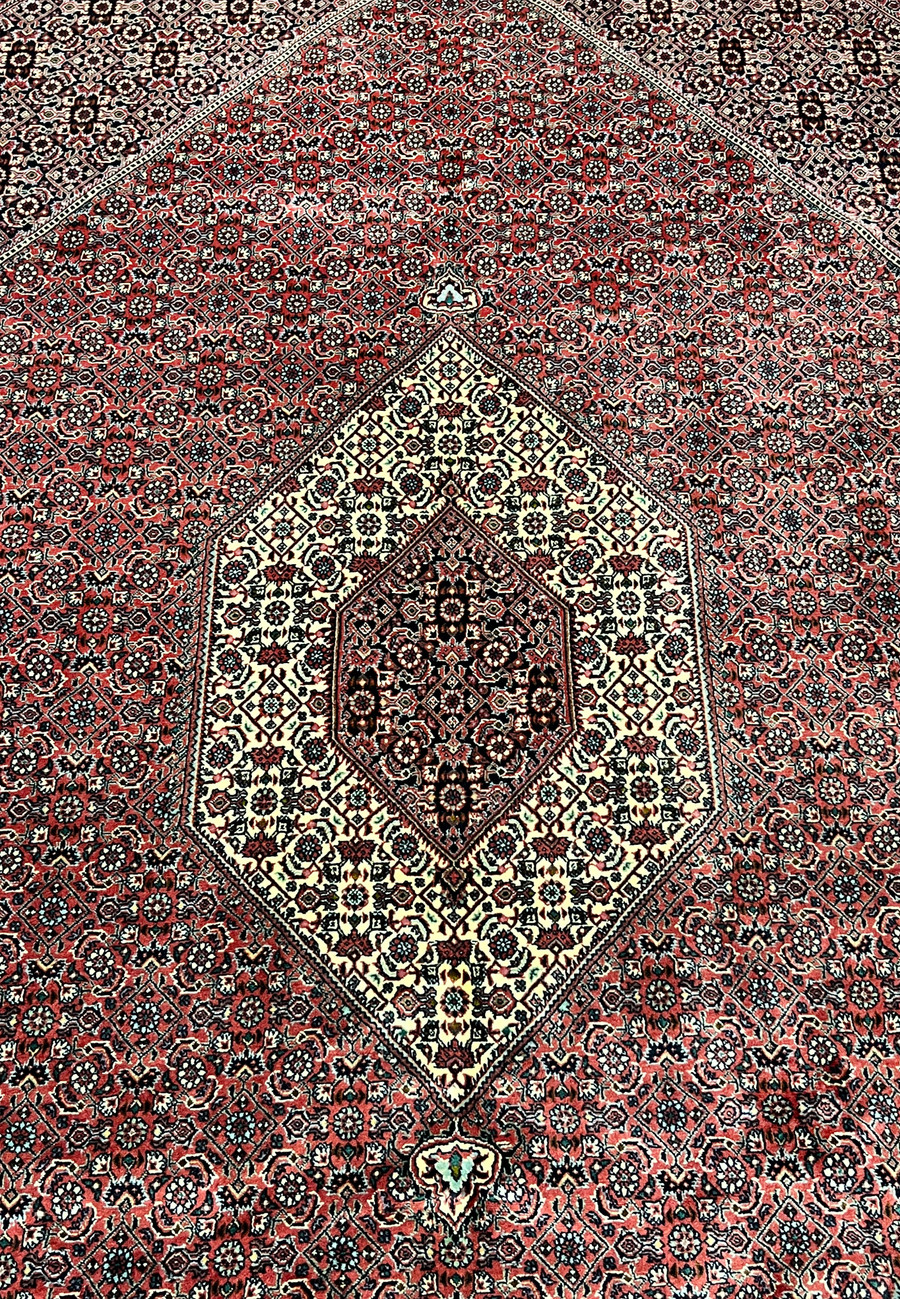 Close up diamond medallion of 8'2 x 11'4 Persian Bijar Iron Rug in deep red and ivory with dense Herati pattern and fine wool detail