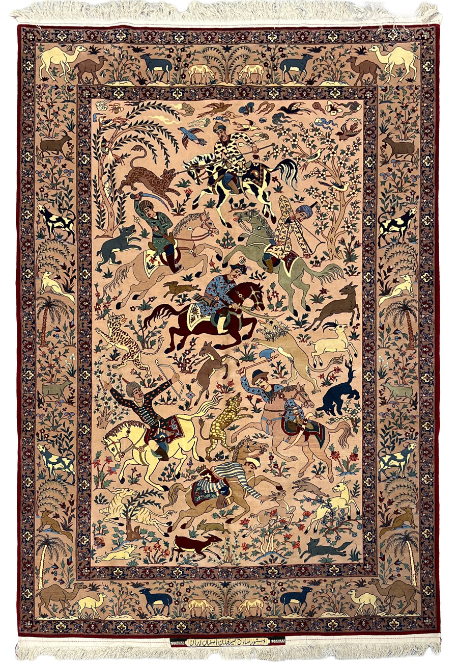 5x8 Persian Isfahan Signed Seirafian Rug Shikargah Hunting Scene ,  authentic fringe as extension of warp threads
