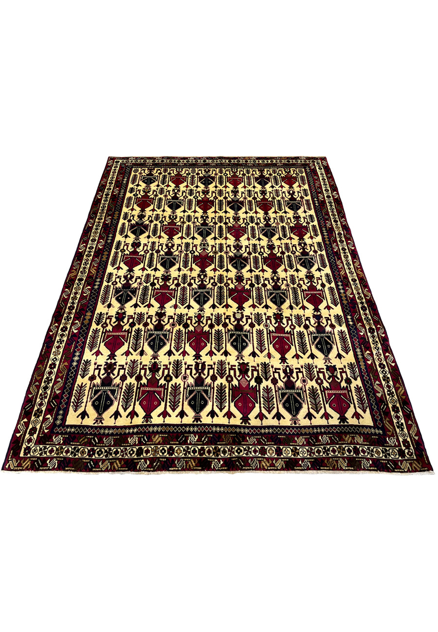5x8 Persian Afshar tribal wool rug laid flat, ivory field with navy and burgundy boteh vase pattern