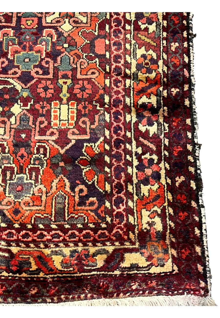 Border detail of antique 3'7"x5 Persian Bakhtiari rug with burgundy and ivory floral vine