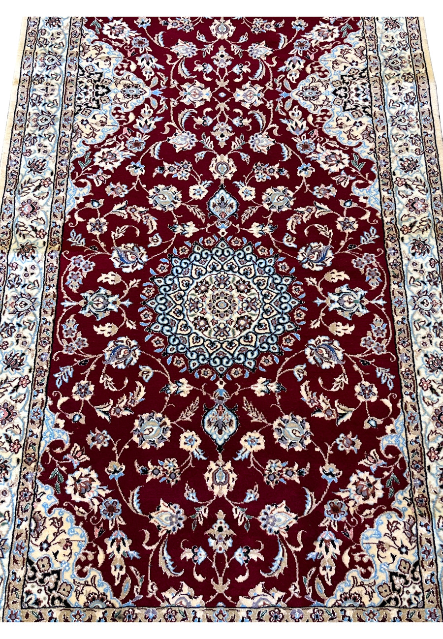 2'9x17 Persian Nain 6La Habibian runner wool silk crimson ivory blue central medallion detail