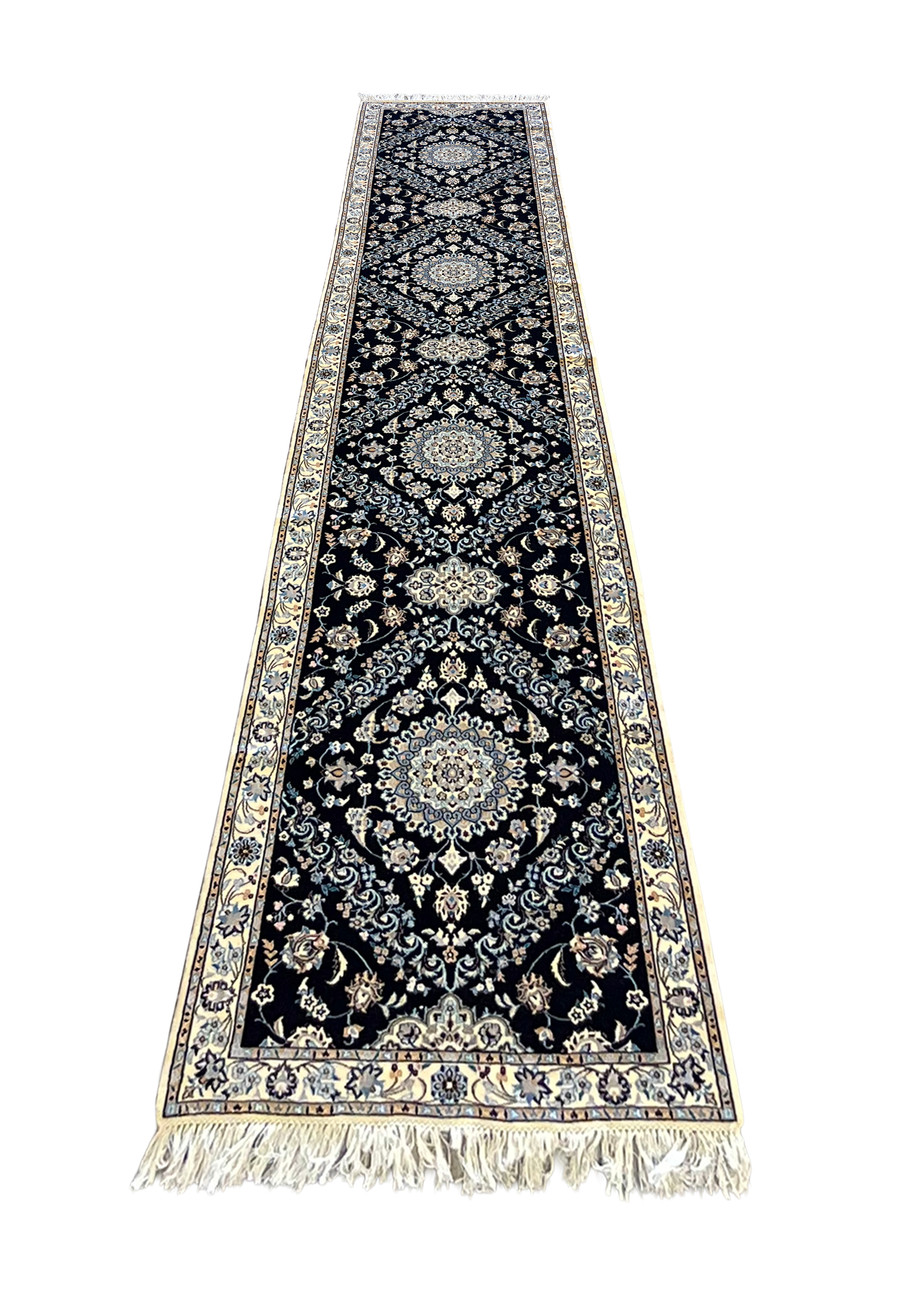 2'9x13 Persian Nain 6La navy blue ivory wool silk medallion floral runner laid down view