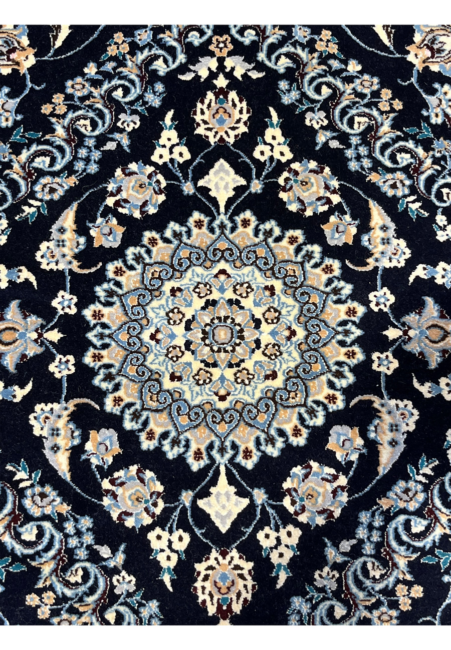 2'9x13 Persian Nain 6La navy blue ivory light blue wool silk medallion rosette closeup