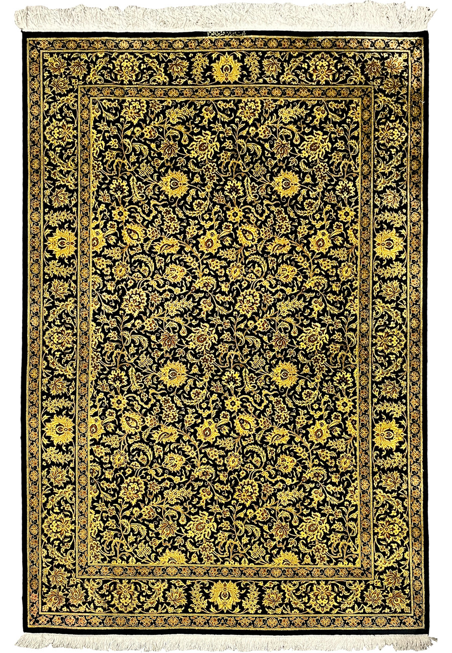 4'4 x 6'4 Persian Qum Pure Silk Signed Rug Versace Design Black and Gold